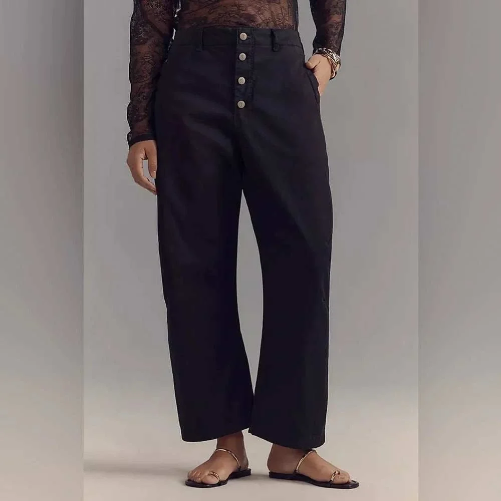 Anthropologie Pilcro The Arin Mid-Rise Button-Front Barrel Pants Black 26P
